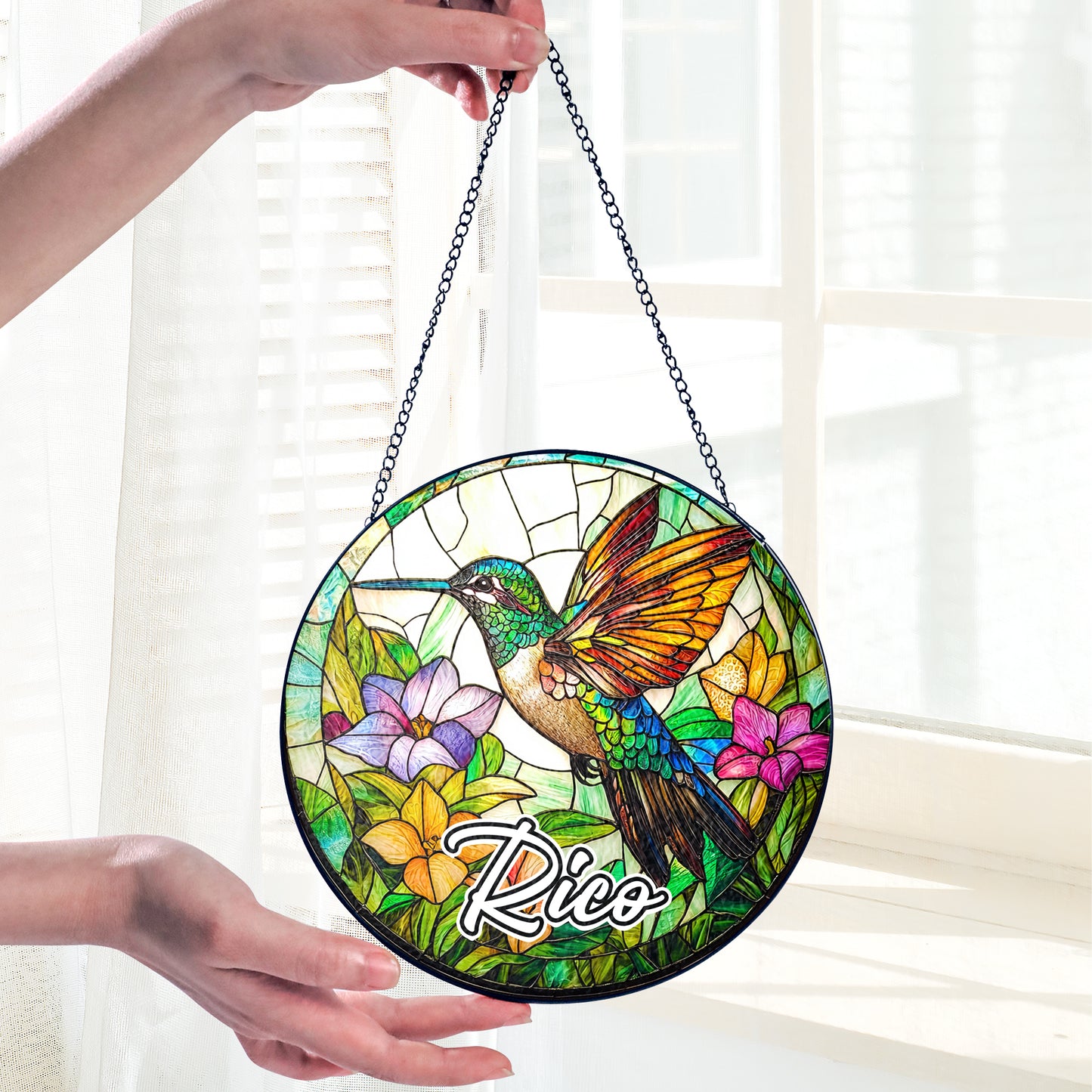 Netecom Personalized Hummingbird Stained Glass Ornament – Custom Flower & Bird Sun Catcher, Nature-Inspired Décor & Gift