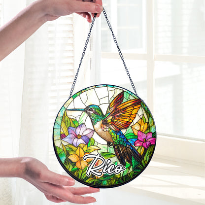 Netecom Personalized Hummingbird Stained Glass Ornament – Custom Flower & Bird Sun Catcher, Nature-Inspired Décor & Gift