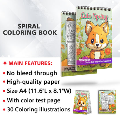 Cute Spring Spiral Bound Coloring Book, Unleash Your Creativity with 30 Coloring Pages, Featuring Charming Illustrations of Cute Characters and Spring Elements