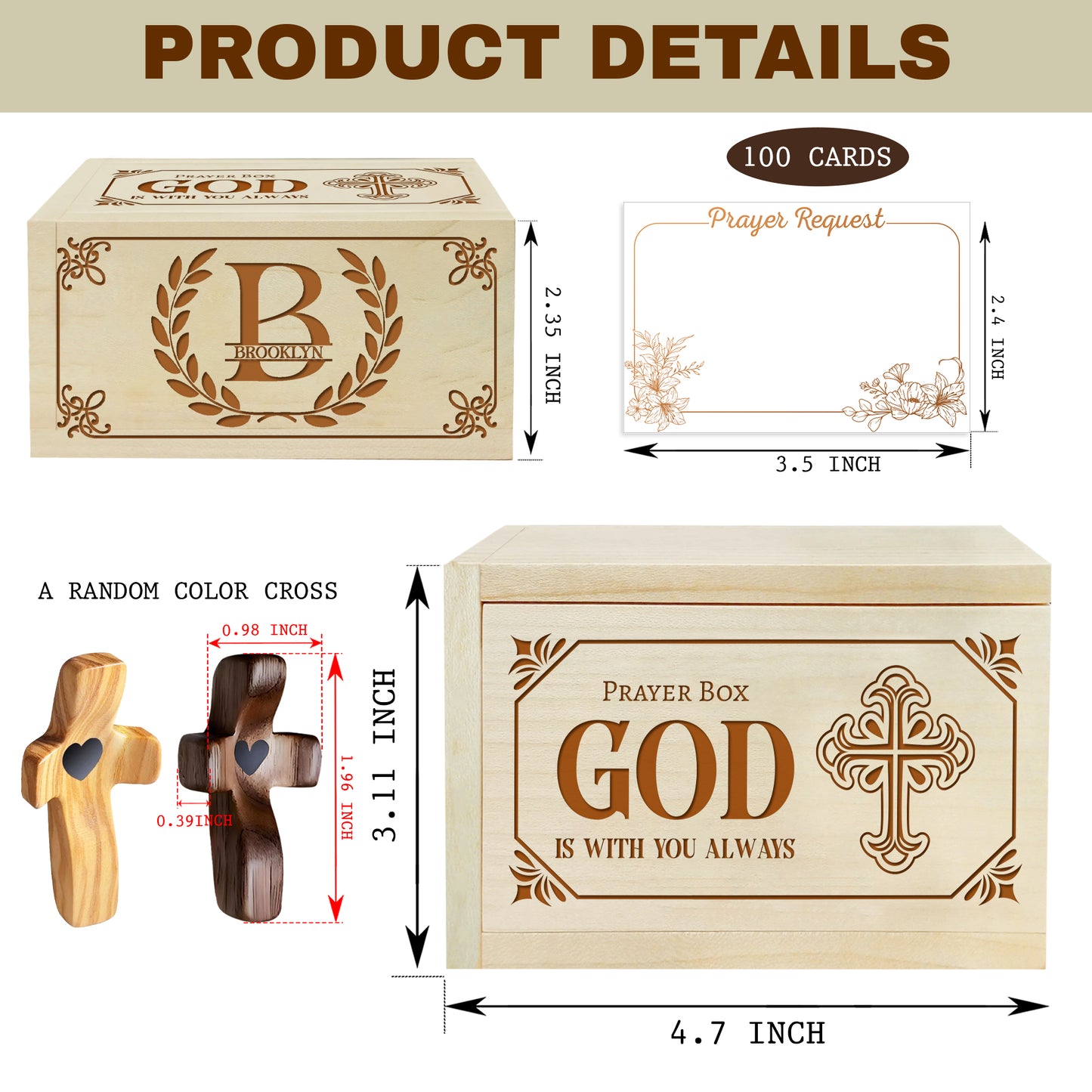 Netecom Personalized Prayer Box with Custom Name and Letter, Christian Keepsake with 100 Prayer Request Cards, Spiritual Gift for Men, Women, or Children