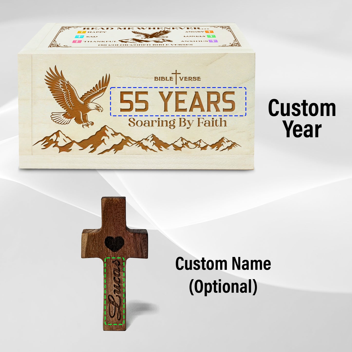 Netecom Personalized Bible Verse Box for 55 Years Birthday, Custom Name & Age, Engraved Wood Scripture Box with Pocket Cross, 150 Daily Bible Verse Cards, Christian Birthday Gift