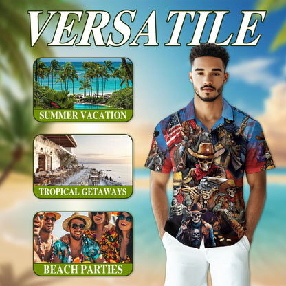 Netecom Western Cowboy Skeleton Hawaiian Shirt for Men, American Flag Button Down Summer Beach Short Sleeve Shirts