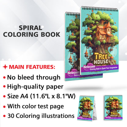 Tree House Spiral Bound Coloring Book, Explore 30 Intriguing Coloring Pages, Depicting Treehouses as Tranquil Retreats and Cozy Sanctuaries in Nature