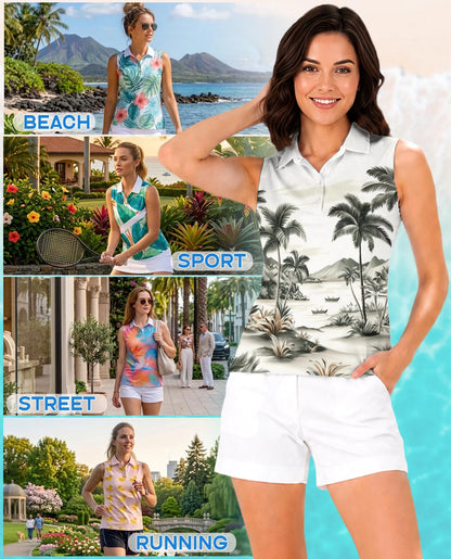 Vintage Coconut Tree Sleeveless Polo Shirt for Women | Netecom