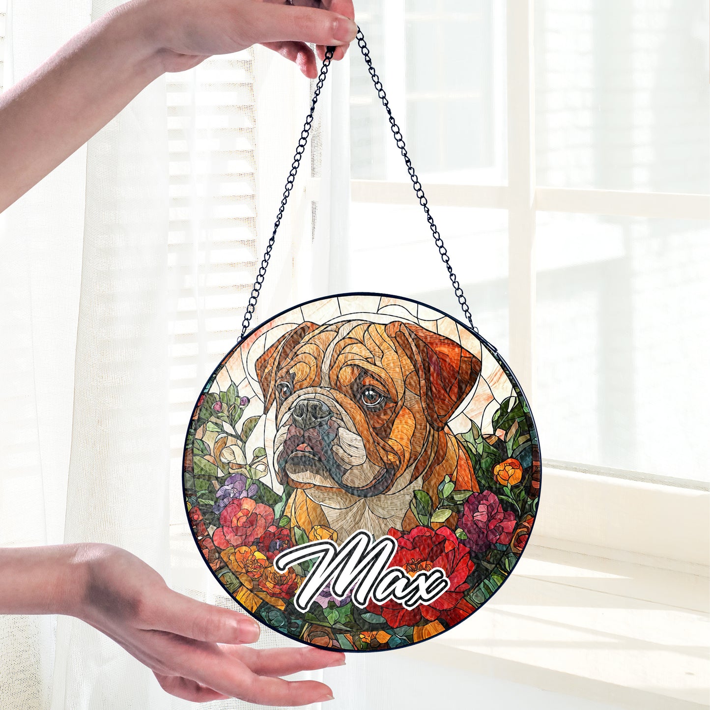 Netecom Custom Bulldog Stained Glass Suncatcher, Personalized Dog Memorial Ornament, Pet Loss Gift, Christmas Window Decoration