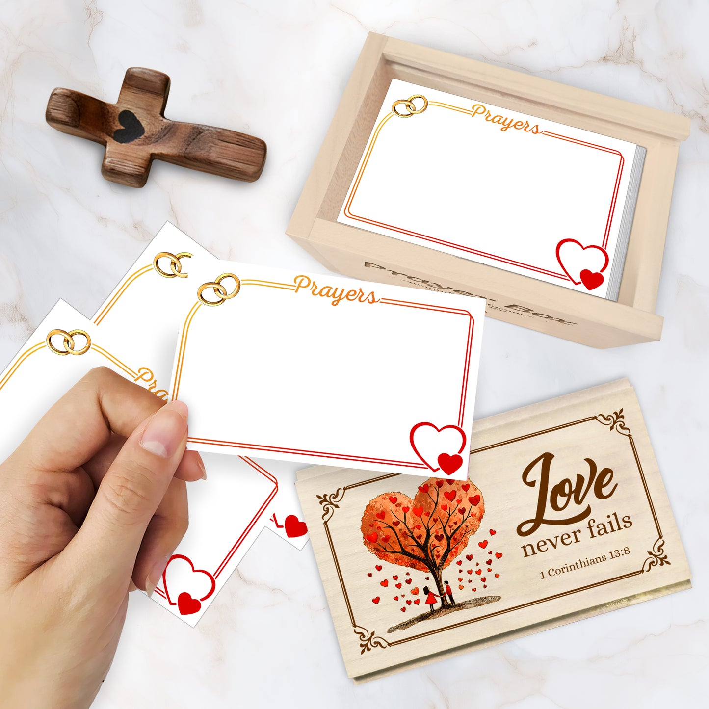 Netecom Personalized Couple Prayer Box with 100 Prayer Request Cards and Handheld Cross – Custom Names and Anniversary Date, Wooden Christian Gift for Couples
