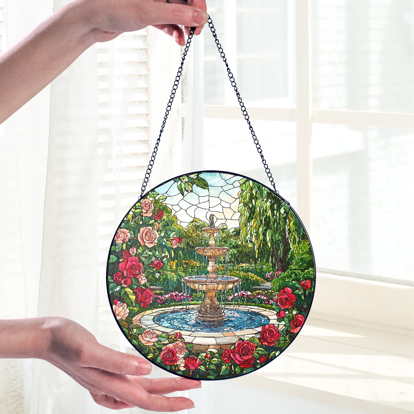 Netecom Water Fountain Stained Glass Sun Catcher – Elegant Garden Fountain Window Hanging, Perfect Gift for