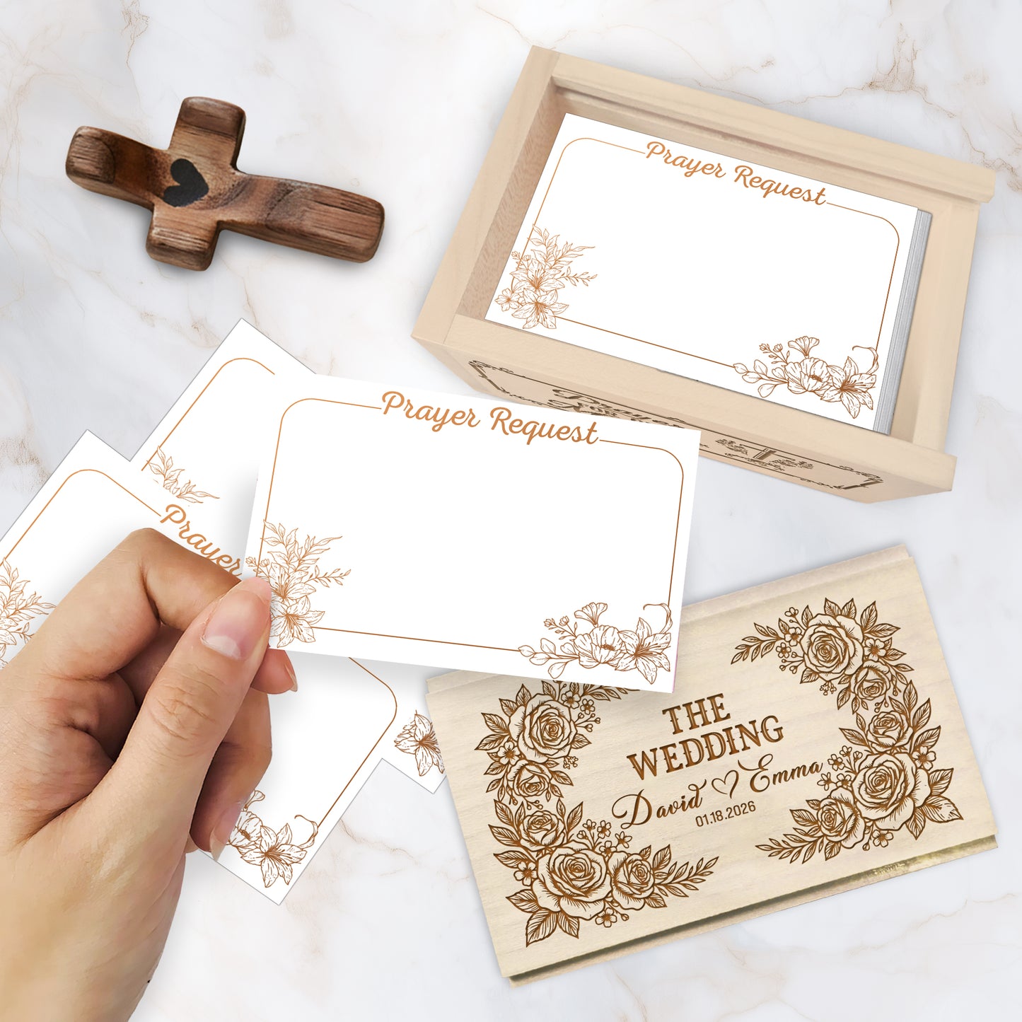 Netecom Personalized Wedding Prayer Box for Couples – Custom Names & Date with Wooden Cross, 100 Prayer Cards, Christian Faith Keepsake Gift