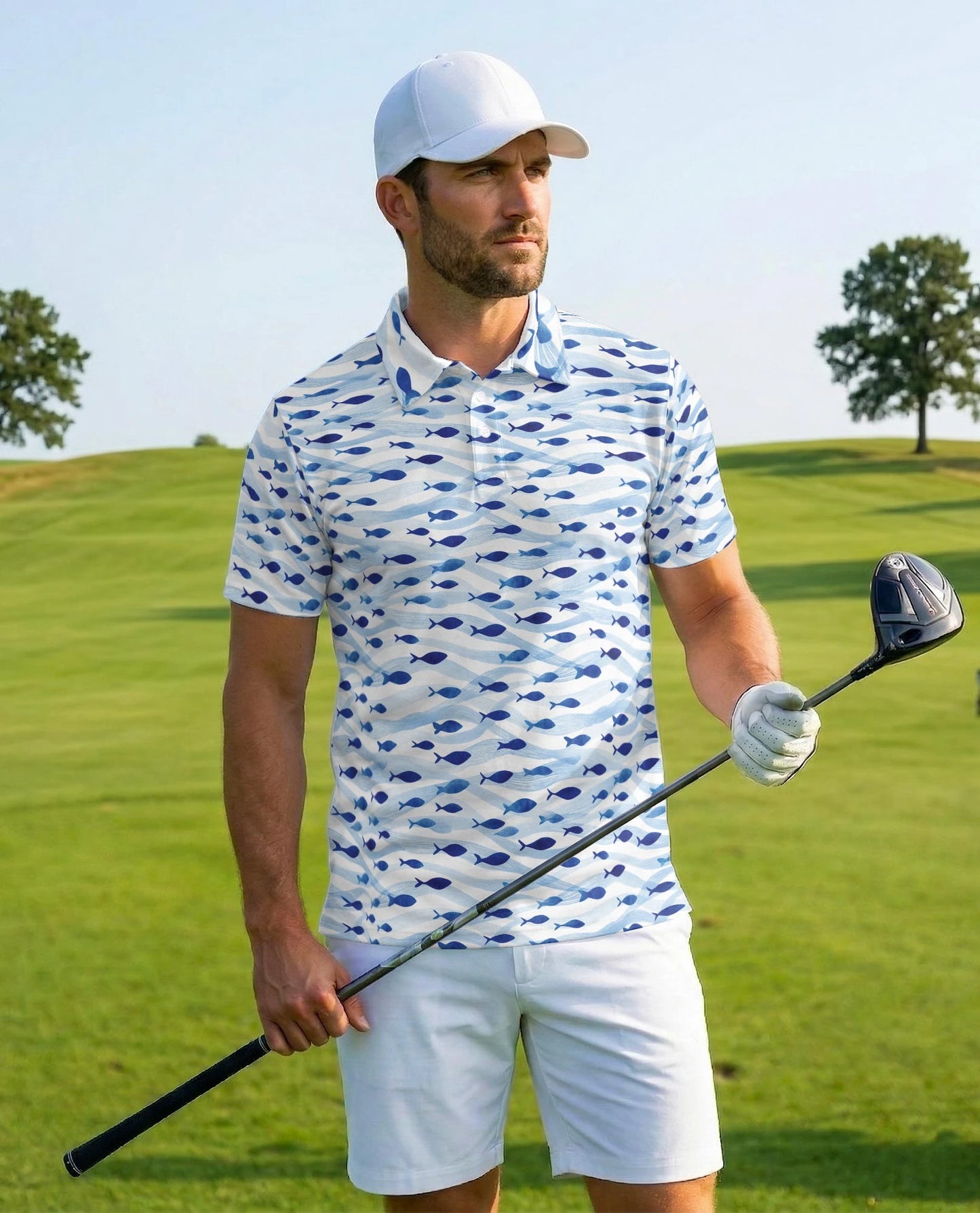 Blue and White Fish Pattern Polo Shirt for Men – Coastal Nautical Style | Netecom