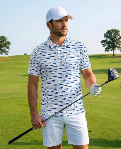 Blue and White Fish Pattern Polo Shirt for Men – Coastal Nautical Style | Netecom
