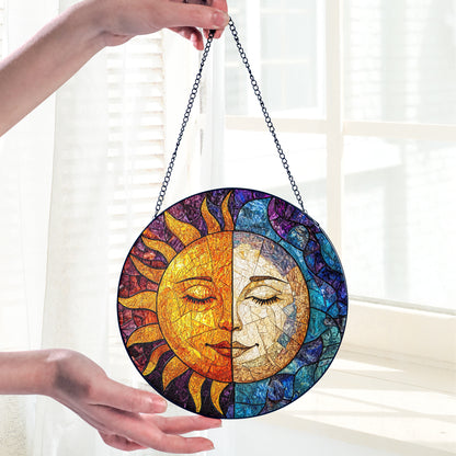 Netecom Sun & Moon Stained Glass Ornament – Custom Celestial Sun Catcher, Personalized Window Hanging, Spiritual Gift