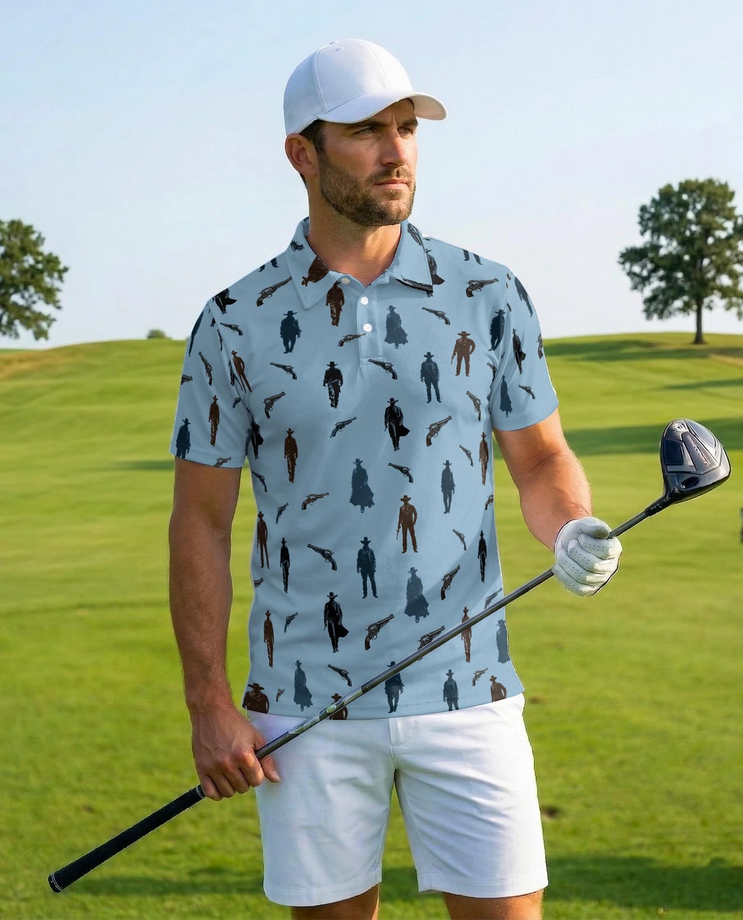Cowboy Silhouette Pattern Polo Shirt for Men – Western Ranch Style | Netecom