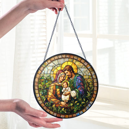 Netecom Holy Family Stained Glass Ornament – Nativity Scene Window Sun Catcher, Christian Christmas Gift for Home