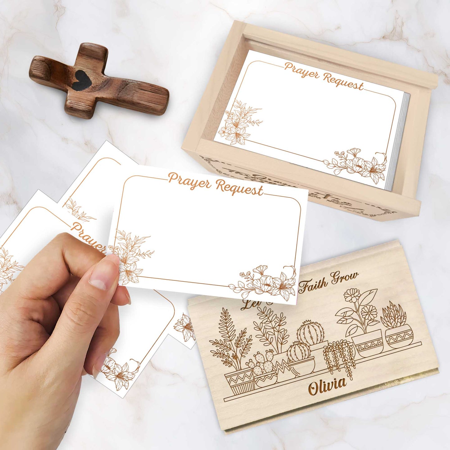 Netecom Personalized Wooden Prayer Box with Custom Name & Handheld Cross, 100 Prayer Request Cards – Grow Through Prayer Christian Faith Gift