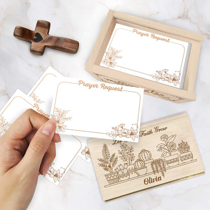 Netecom Personalized Wooden Prayer Box with Custom Name & Handheld Cross, 100 Prayer Request Cards – Grow Through Prayer Christian Faith Gift