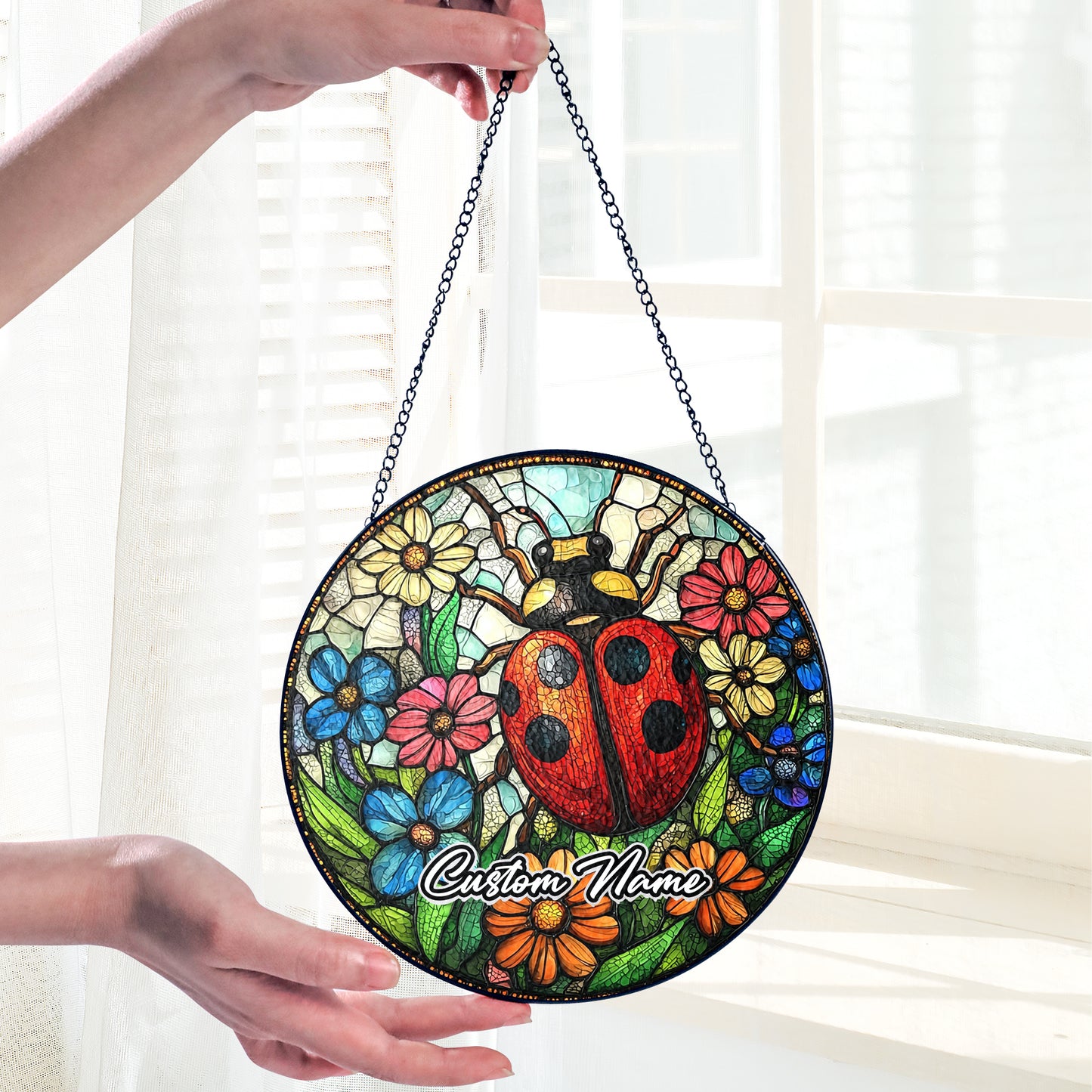 Netecom Personalized Lady Bug Stained Glass Ornament, Custom Memorial Suncatcher, Pet Loss Remembrance Gift, Christmas Decoration
