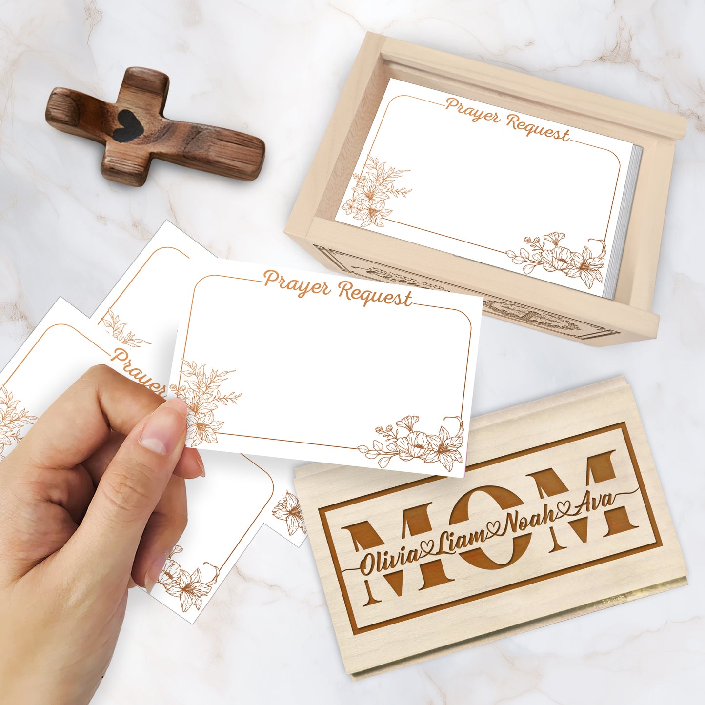 Netecom Personalized Prayer Box for Mom, Dad or Grandparent – Custom Name Engraved with Children’s Names, 100 Prayer Request Cards with Wooden Cross, Faith-Based Keepsake Gift