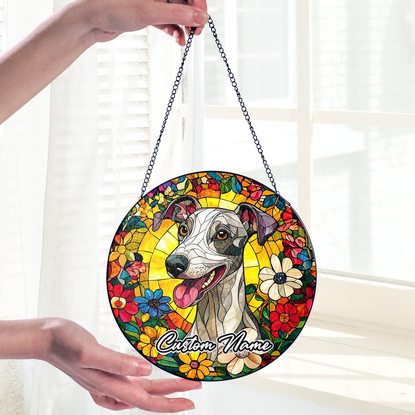 Netecom Custom Whippet Dog Stained Glass Ornament, Personalized Pet Memorial Sun Catcher, Pet Loss Remembrance Gift, Christmas Decoration