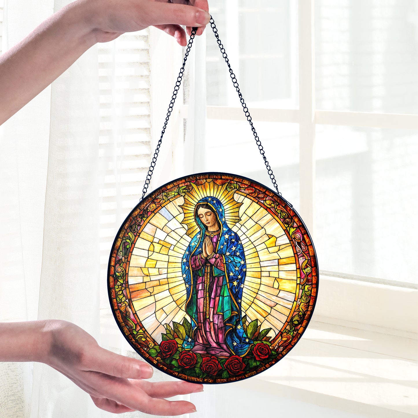 Netecom Virgin Mary Stained Glass Ornament – Our Lady of Guadalupe Sun Catcher, Christian Religious Gift, Spiritual Home Decoration