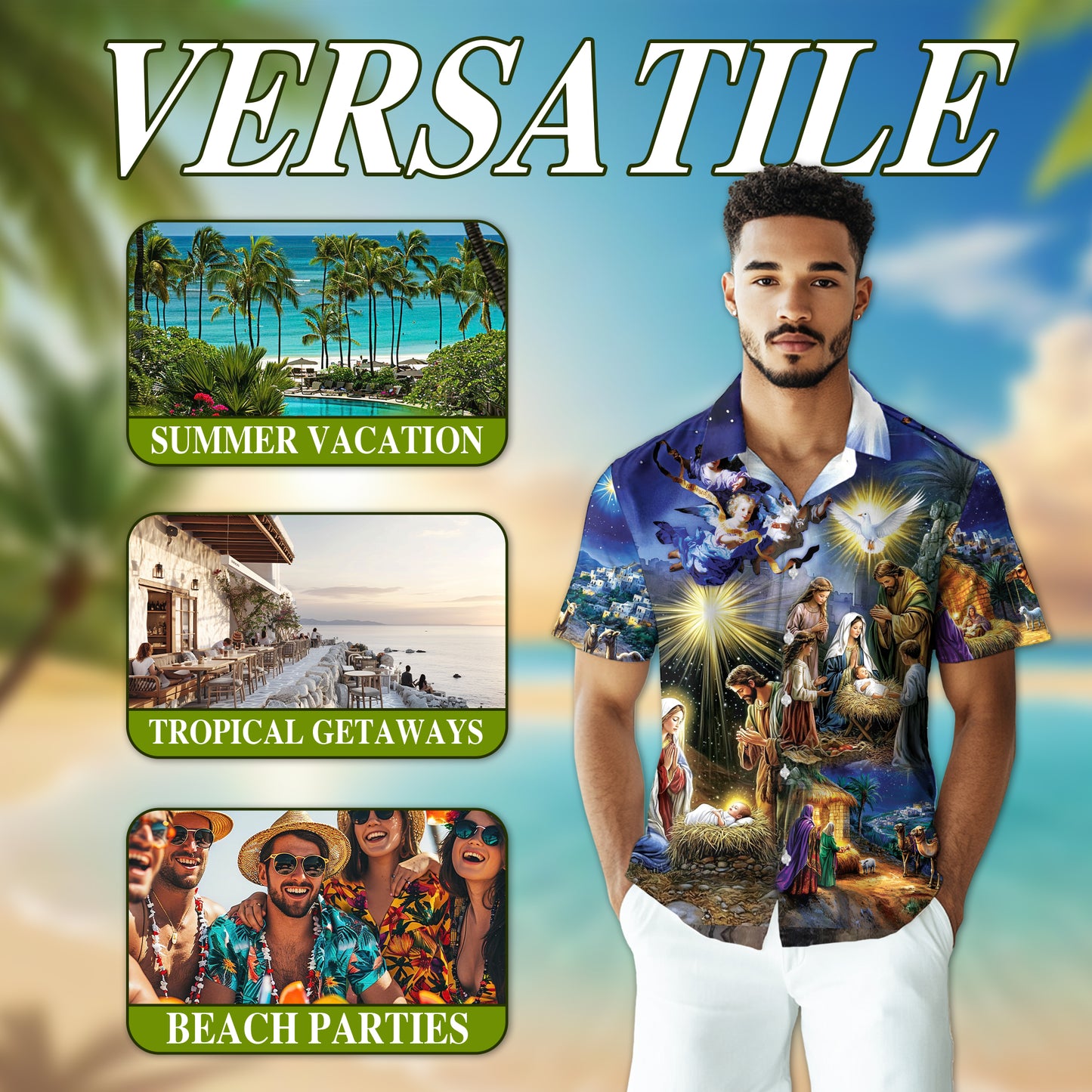 Netecom Nativity Scene Hawaiian Shirt for Men, Vintage Vintage Christmas Button Down Beach Short Sleeve Shirts