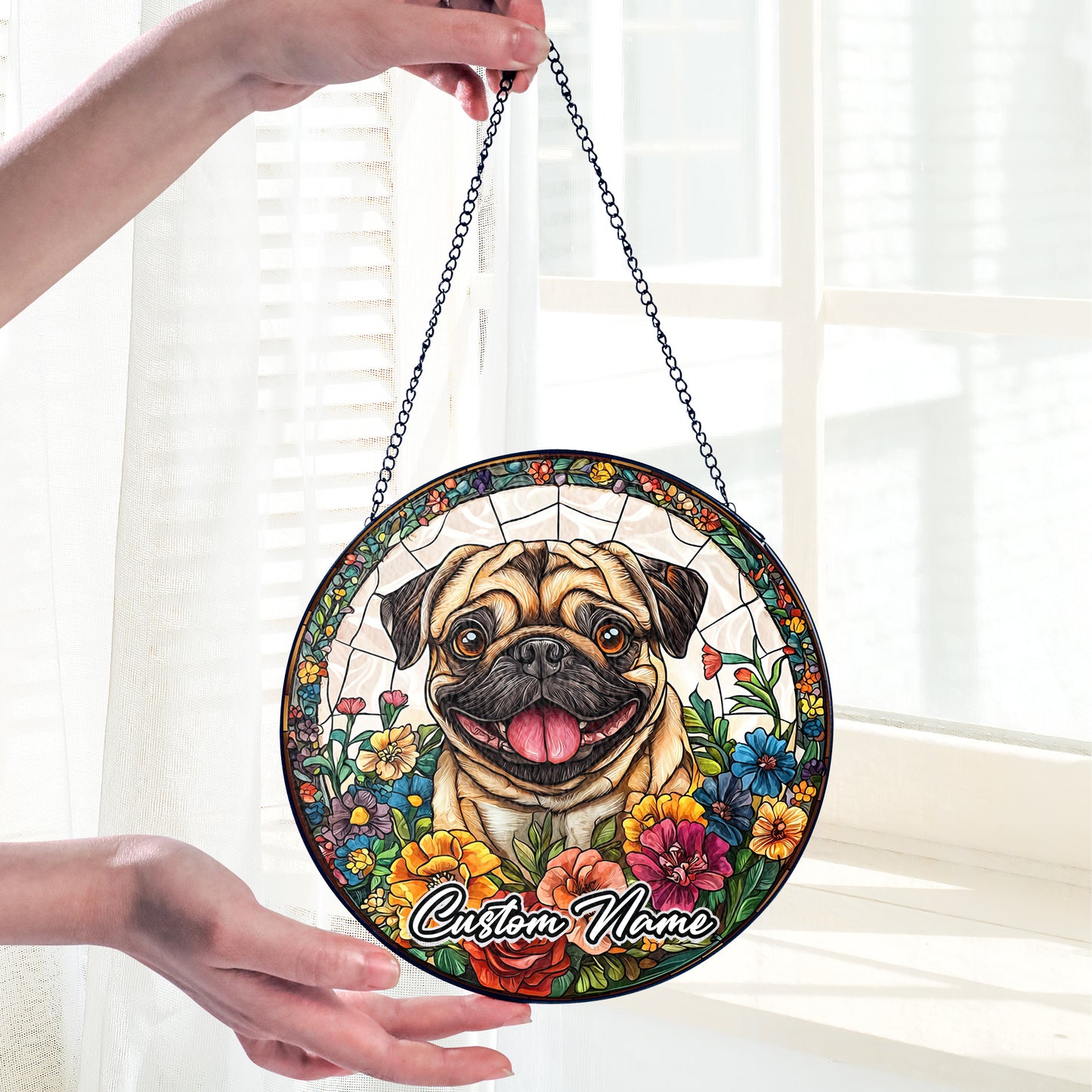 Netecom Custom Pug Dog Stained Glass Ornament, Personalized Memorial Suncatcher, Pet Loss Sympathy Gift, Christmas Decoration