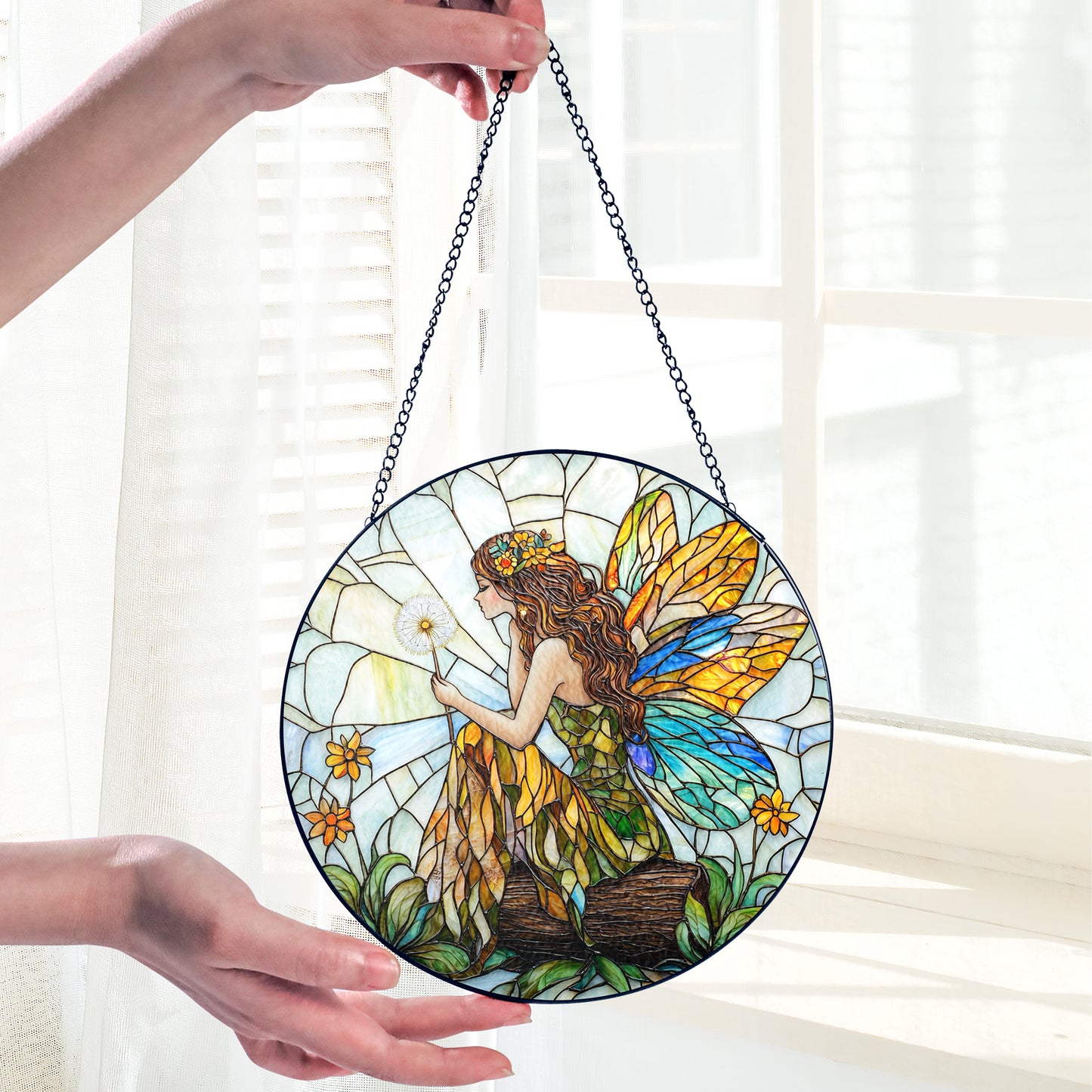 Netecom Fairy and Flowers Stained Glass Sun Catcher – Custom Magical Ornament, Personalized Window Hanging Décor