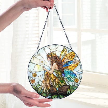 Netecom Fairy and Flowers Stained Glass Sun Catcher – Custom Magical Ornament, Personalized Window Hanging Décor