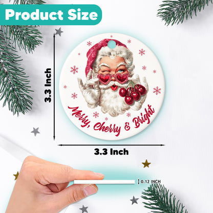Netecom Funny Santa Claus with Heart Glasses and Fruit Christmas Ornament, Merry Cherry & Bright Ceramic Ornament for Xmas Tree Hanging Decorations Gift, Home Decor, Holiday Party Present