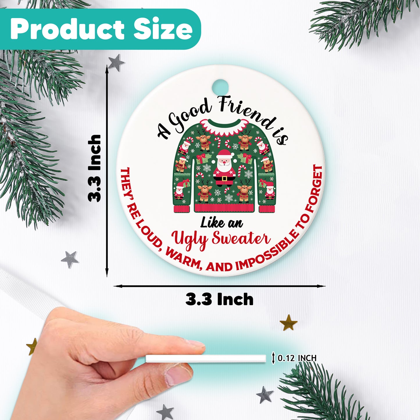Netecom Funny Best Friend Christmas Ornament, A Good Friend Is Like An Ugly Sweater Ceramic Ornament for Xmas Tree Hanging Decorations Gift, Friendship Gifts for Men Women, Holiday Present