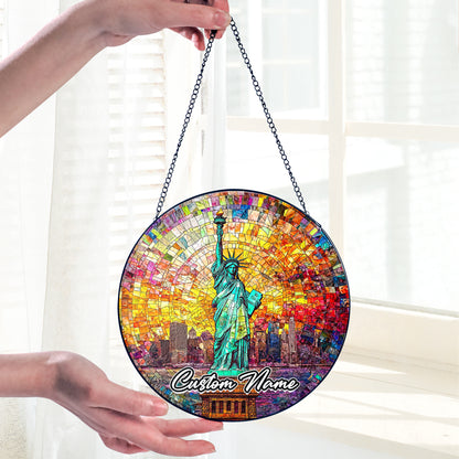 Netecom Personalized America Stained Glass Sun Catcher – Statue of Liberty Ornament, Patriotic Home & Office Décor Gift