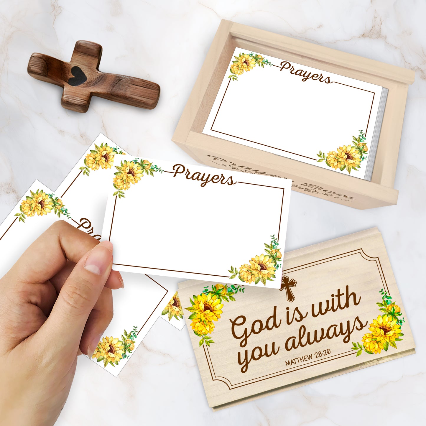 Netecom Wooden Prayer Box with 100 Prayer Request Cards & Hand Cross – Vintage Christian Gift with Sunflowers, Wooden Box for Women & Men