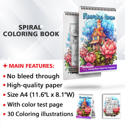 Blooming House Spiral Bound Coloring Book: Explore 30 Serene Coloring Pages, Celebrating the Beauty of Blooming Houseplants and Floral Delights