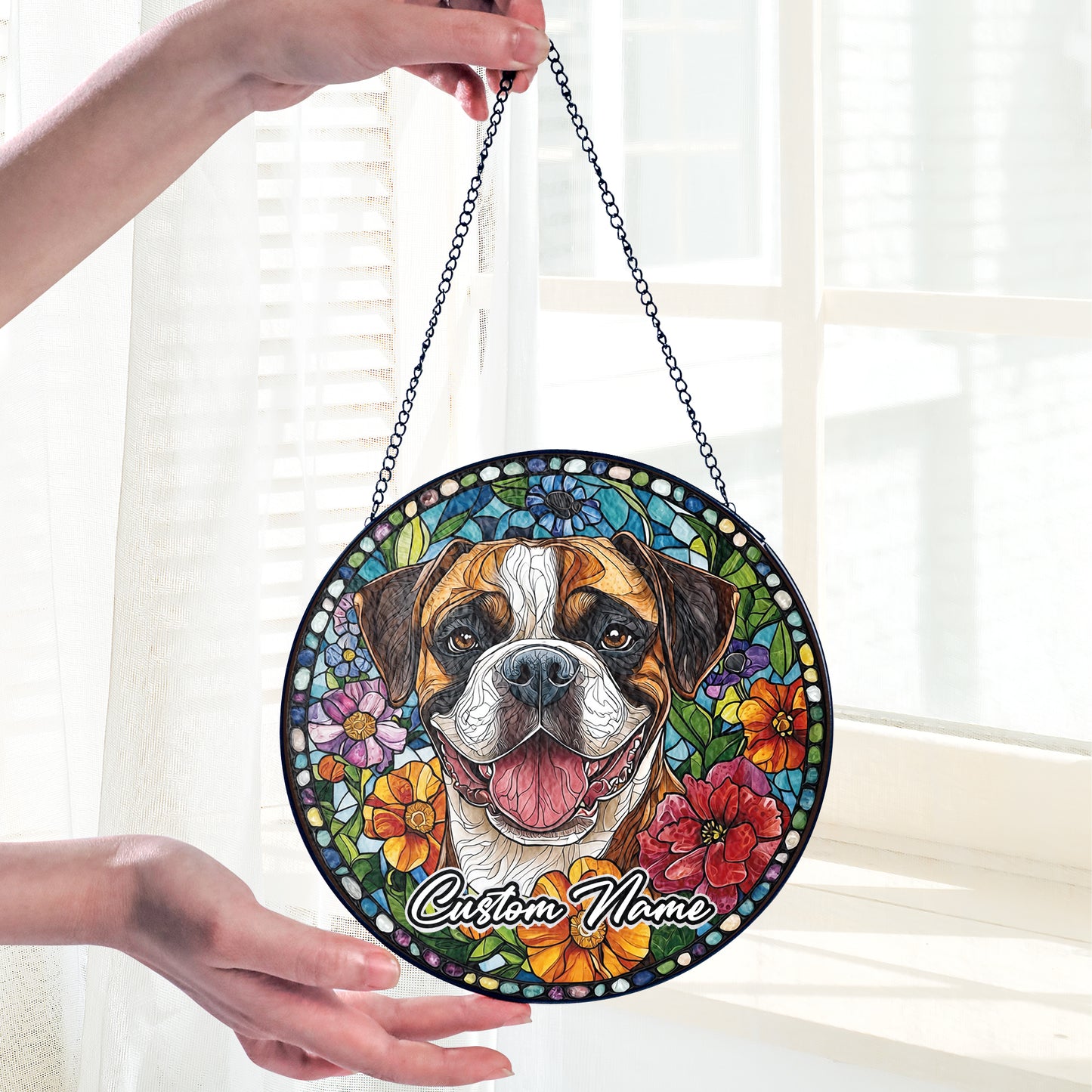 Netecom Personalized Boxer Dog Memorial Ornament, Custom Stained Glass Sun Catcher, Pet Loss Remembrance Gift, Christmas Decoration