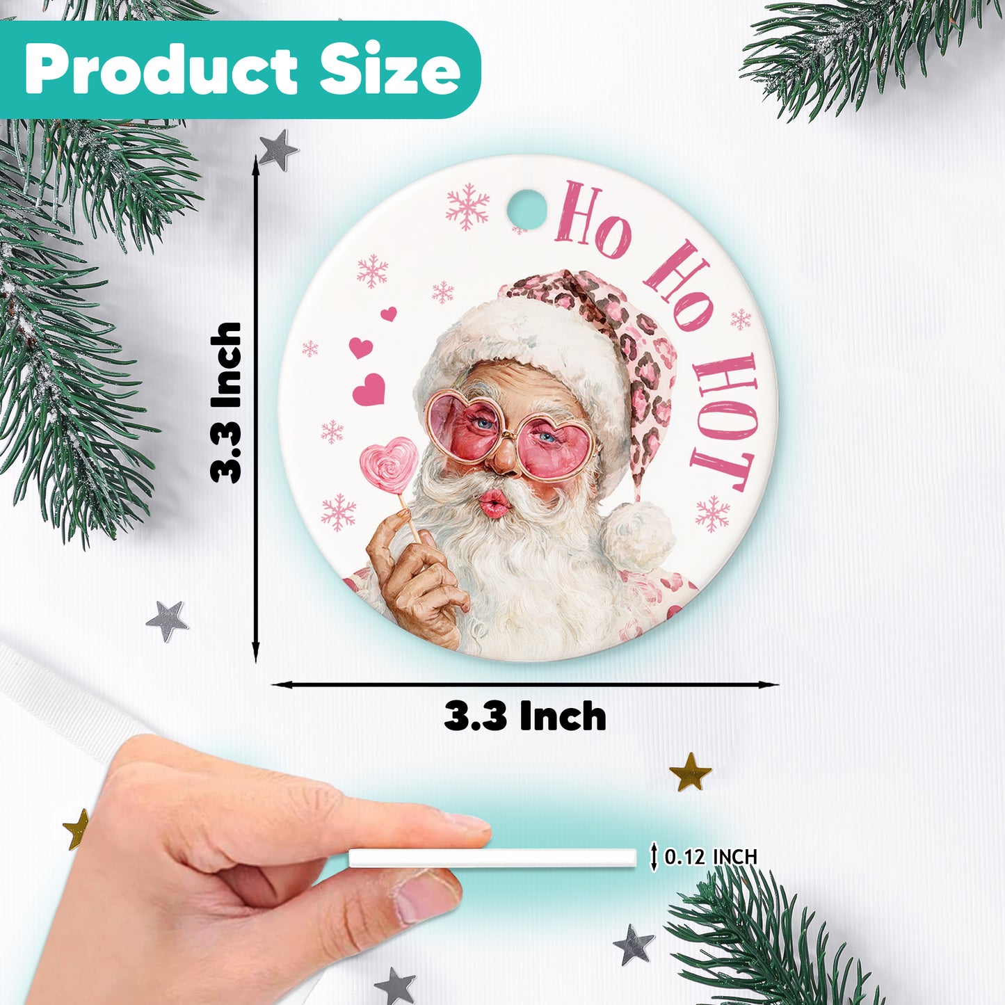 Netecom Funny Ho Ho Hot Santa Christmas Ornament, Santa Claus with Pink Heart Glasses and Candy Ceramic Ornament for Xmas Tree Hanging Decorations Gift, Home Decor, Holiday Party Present