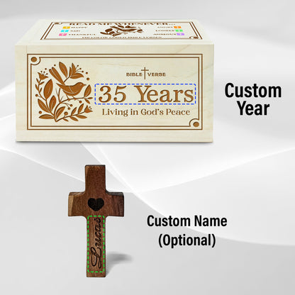 Netecom Personalized Bible Verse Box for 35 Years Birthday, Custom Name & Age, Engraved Wood Scripture Box with Pocket Cross, 150 Daily Bible Verse Cards, Christian Birthday Gift