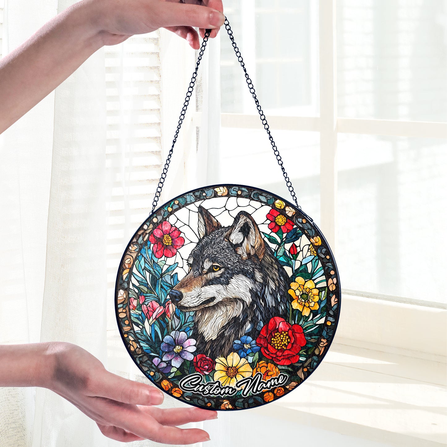 Netecom Custom Wolf Stained Glass Ornament, Personalized Memorial Suncatcher, Pet Loss Sympathy Gift, Christmas Decoration