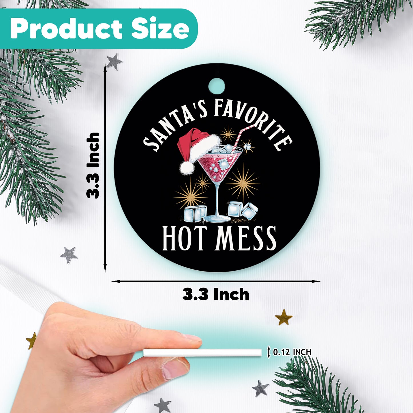 Netecom Funny Cocktail with Santa Hat Christmas Ornament, Santa's Favorite Hot Mess Ceramic Ornament for Xmas Tree Hanging Decorations Gift, Gifts for Friends & Family, Holiday Party Present