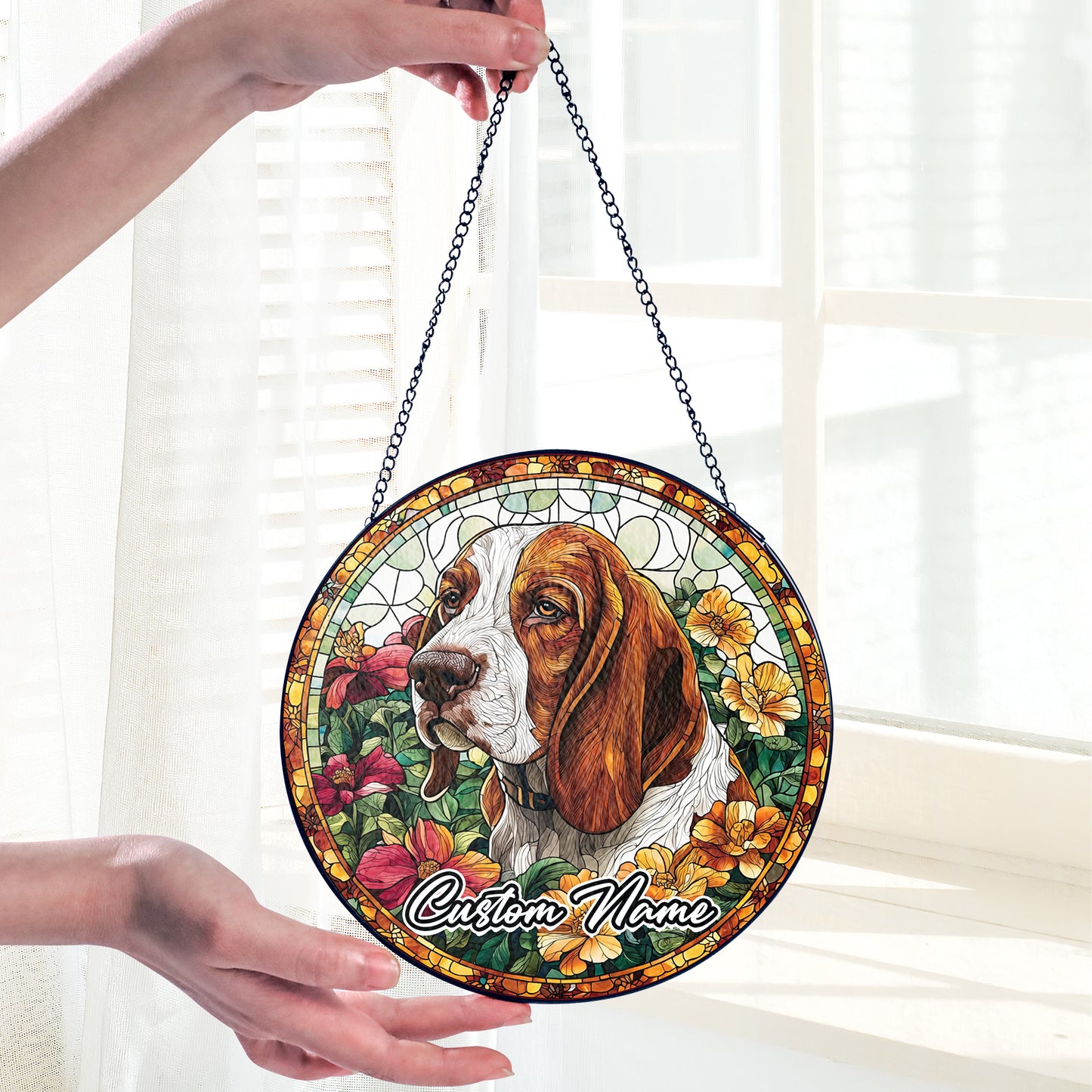 Netecom Custom Basset Hound Dog Stained Glass Ornament, Personalized Memorial Suncatcher, Pet Loss Sympathy Gift, Christmas Decoration