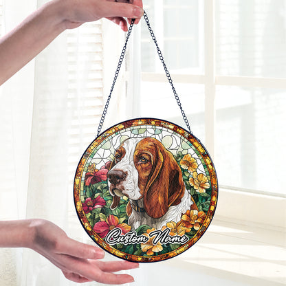 Netecom Custom Basset Hound Dog Stained Glass Ornament, Personalized Memorial Suncatcher, Pet Loss Sympathy Gift, Christmas Decoration