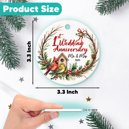 Netecom 1st Wedding Anniversary Christmas Ornament 2025, 1 Year as Mr & Mrs Red Cardinal Ceramic Ornament for Xmas Tree Hanging Decorations Gift, Gifts for Couple Husband Wife, Holiday Present
