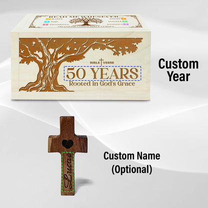 Netecom Personalized Bible Verse Box for 50 Years Birthday, Custom Name & Age, Engraved Wood Scripture Box with Pocket Cross, 150 Daily Bible Verse Cards, Christian Birthday Gift