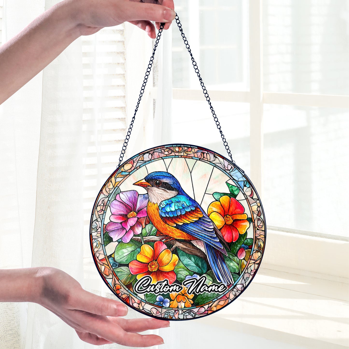 Netecom Custom Bird Stained Glass Ornament, Personalized Memorial Suncatcher, Pet Loss Remembrance Gift, Christmas Decoration