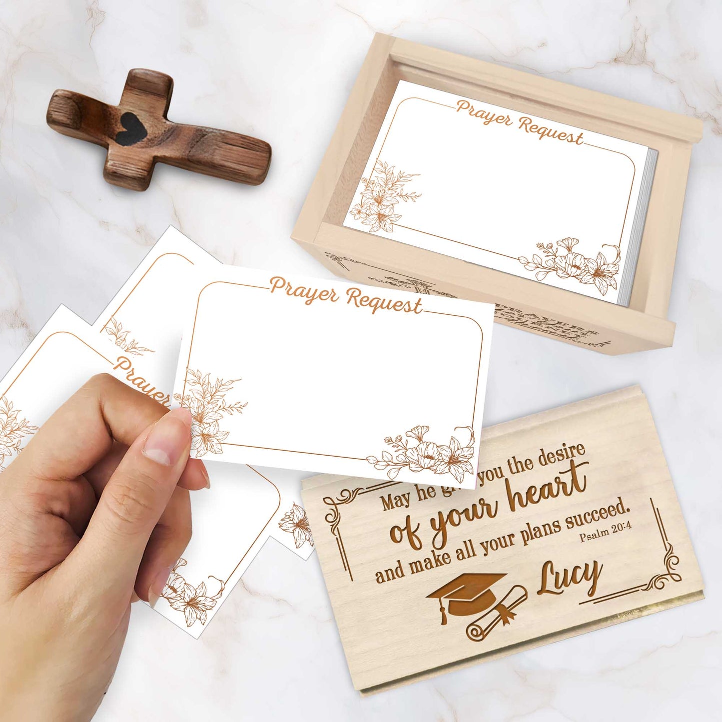 Netecom Personalized Graduation Prayer Box with Custom Name Wooden Cross, Maple Wood Faith Keepsake with 100 Prayer Cards, Christian Gift for New Beginnings