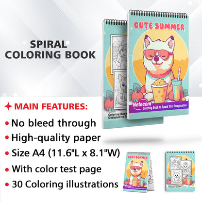 Cute Summer Spiral Bound Coloring Book, Unleash Your Creativity with 30 Coloring Pages, Featuring Cute Illustrations of Summer Activities and Themes