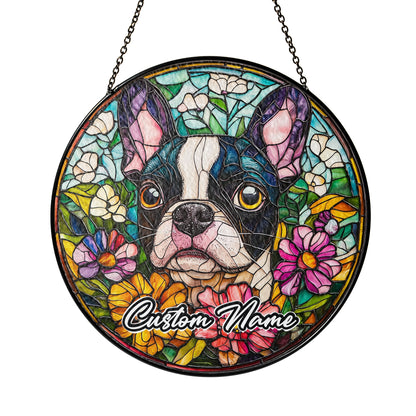 Netecom Custom Boston Terrier Memorial Ornament, Personalized Stained Glass Suncatcher, Pet Loss Remembrance Gift, Christmas Decoration