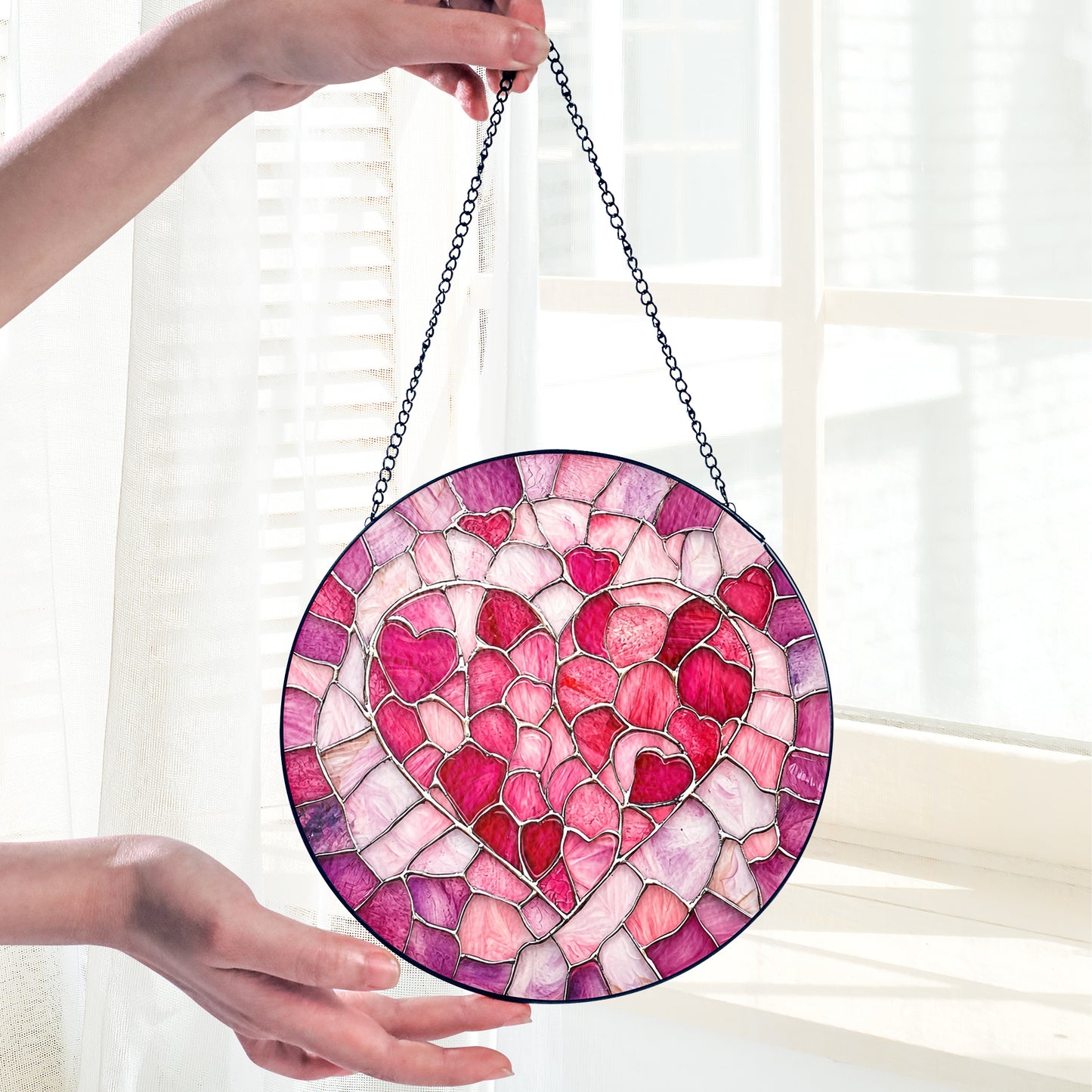 Netecom Valentine Heart Stained Glass Sun Catcher – Personalized Love Ornament, Custom Window Hanging, Romantic Gift