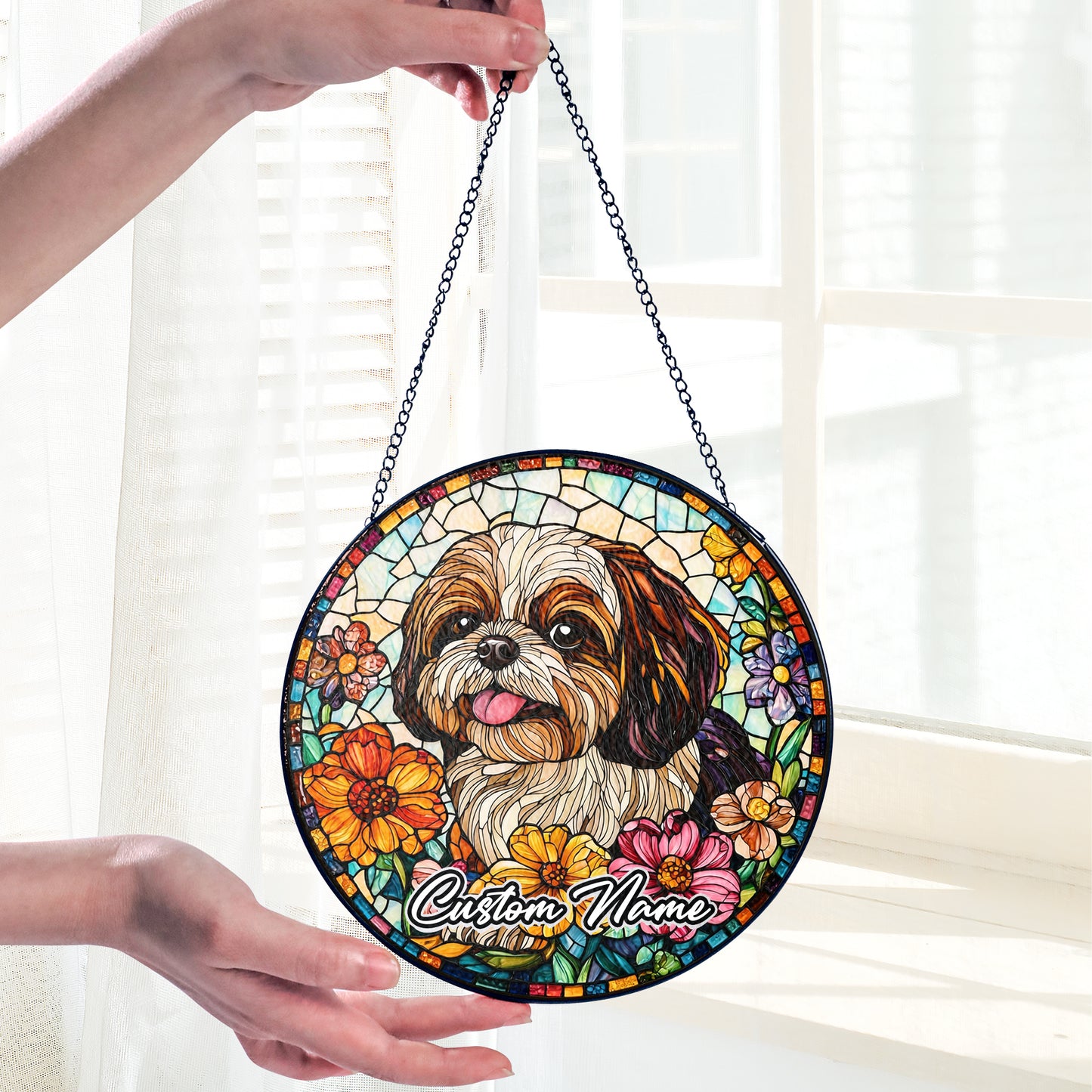 Netecom Personalized Shih Tzu Dog Ornament, Custom Stained Glass Memorial Suncatcher, Pet Loss Sympathy Gift, Christmas Decoration