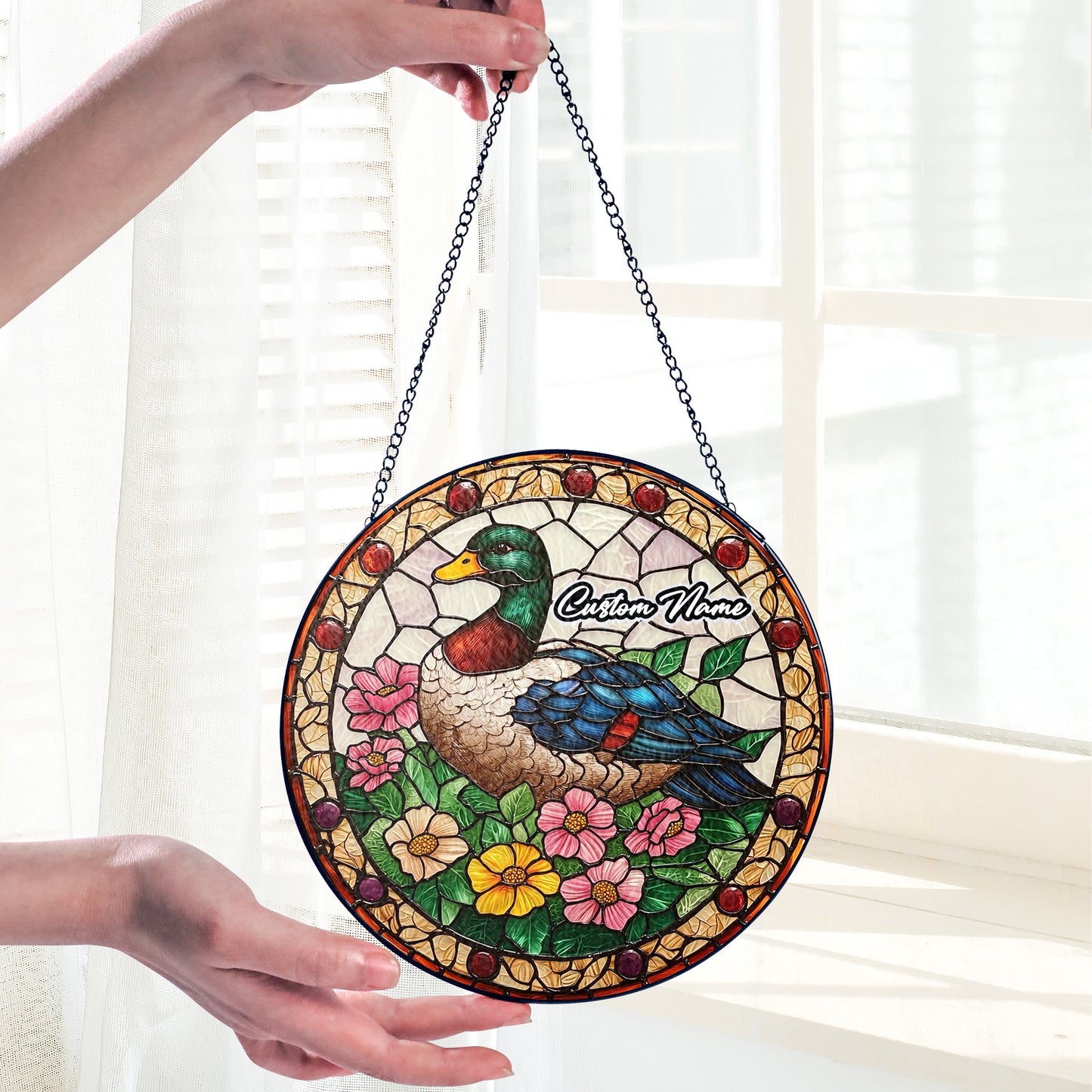 Netecom Custom Duck Stained Glass Ornament, Personalized Memorial Suncatcher, Pet Loss Remembrance Gift, Christmas Decoration