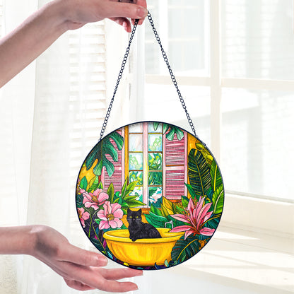 Netecom Black Cat in Bathtub Stained Glass Suncatcher, Vibrant Tropical Window Hanging Decor, Artistic Home Accent, Lovely Gift for Cat Lovers and Holiday Season