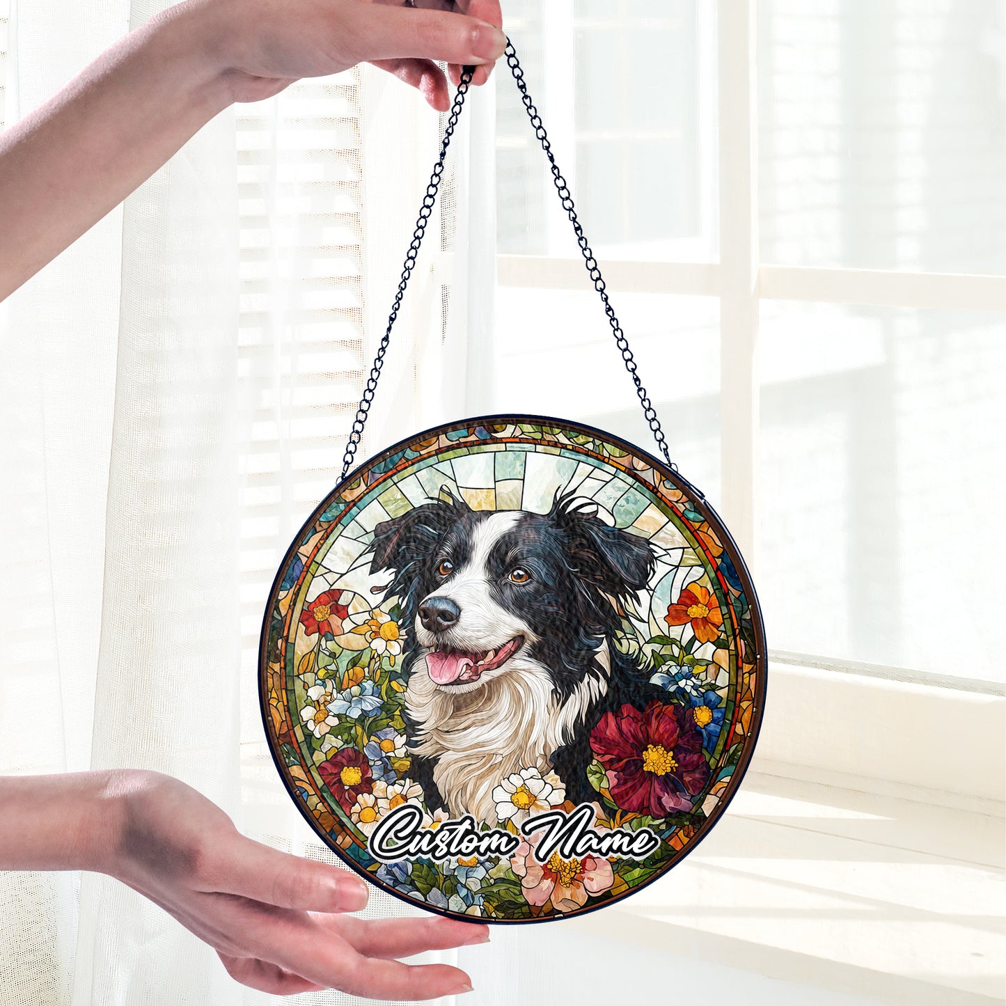 Netecom Custom Border Collie Dog Stained Glass Ornament, Personalized Pet Memorial Suncatcher, Pet Loss Sympathy Gift, Christmas Decoration